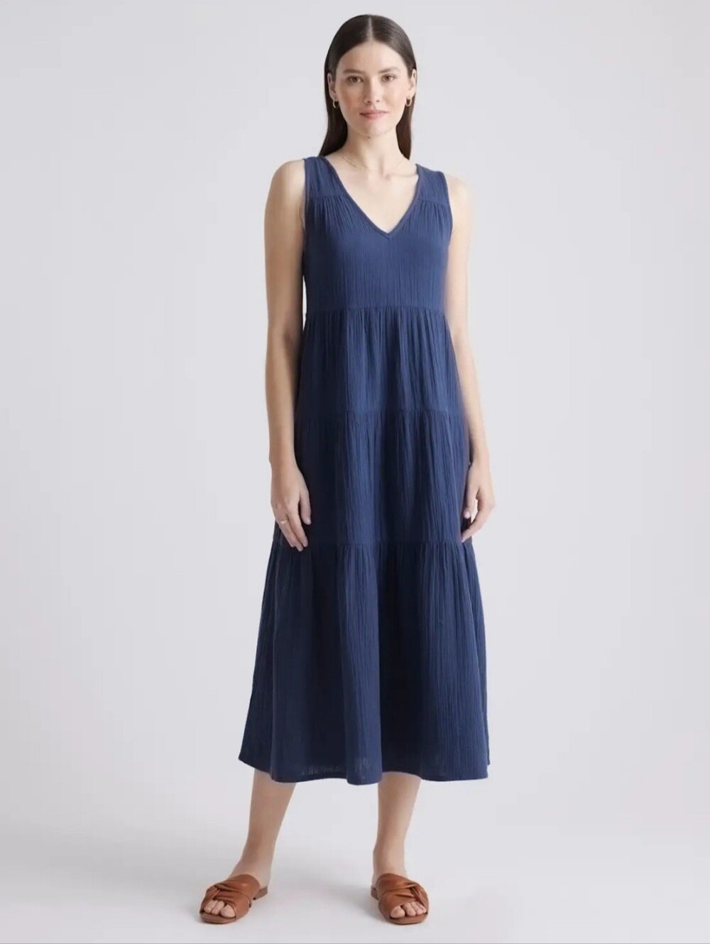 Quince Women's 100% Organic Cotton Gauze Tiered Maxi Dress, Medium, Blue